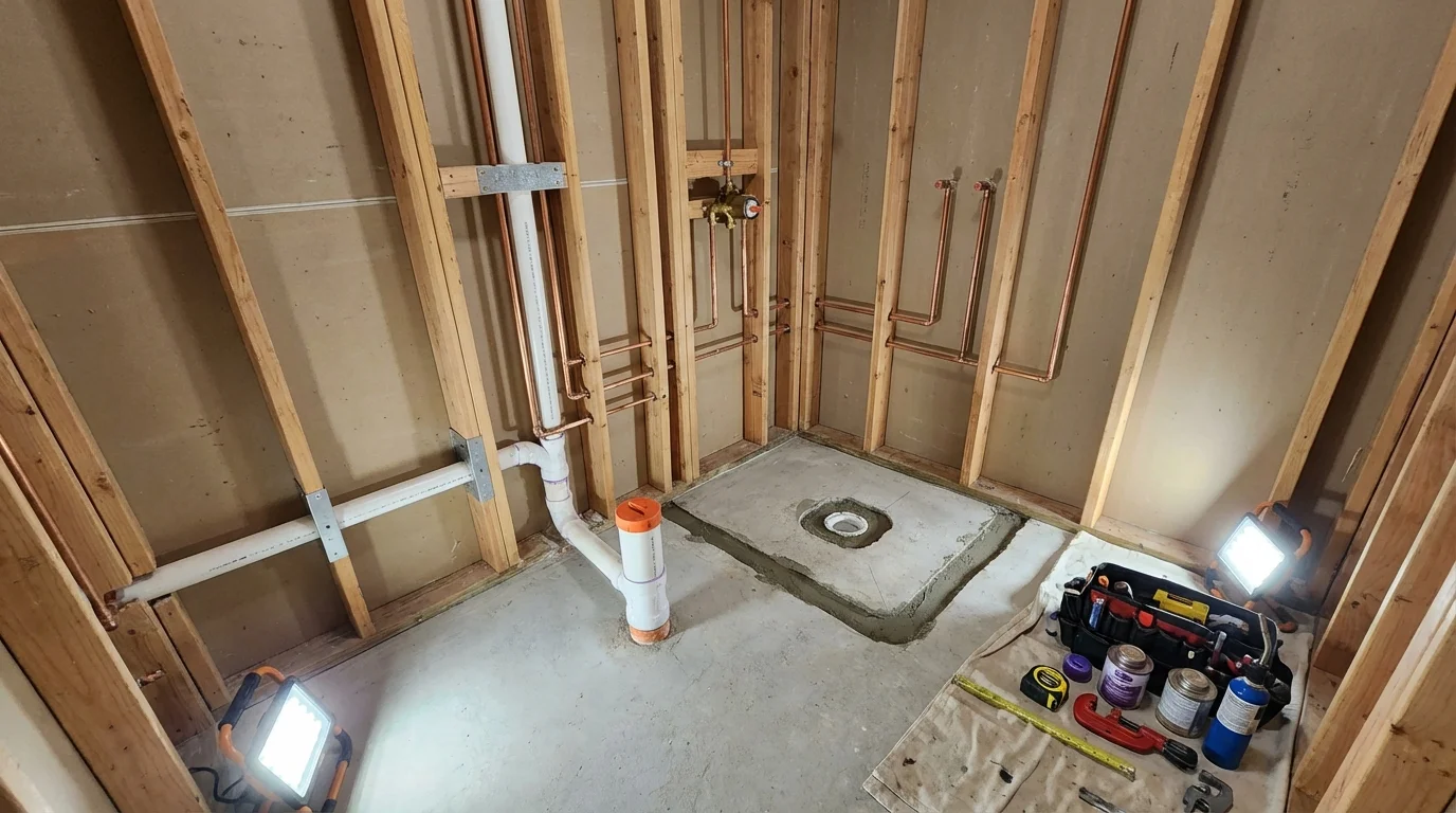 Bathroom rough-in plumbing during remodel by Johns Plumbing LLC in Sarita