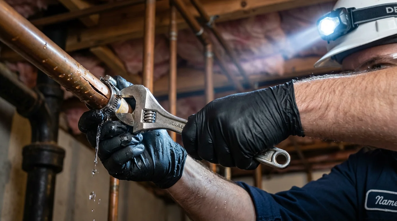 Emergency pipe clamp repair being performed by a Johns Plumbing LLC plumber in Sarita