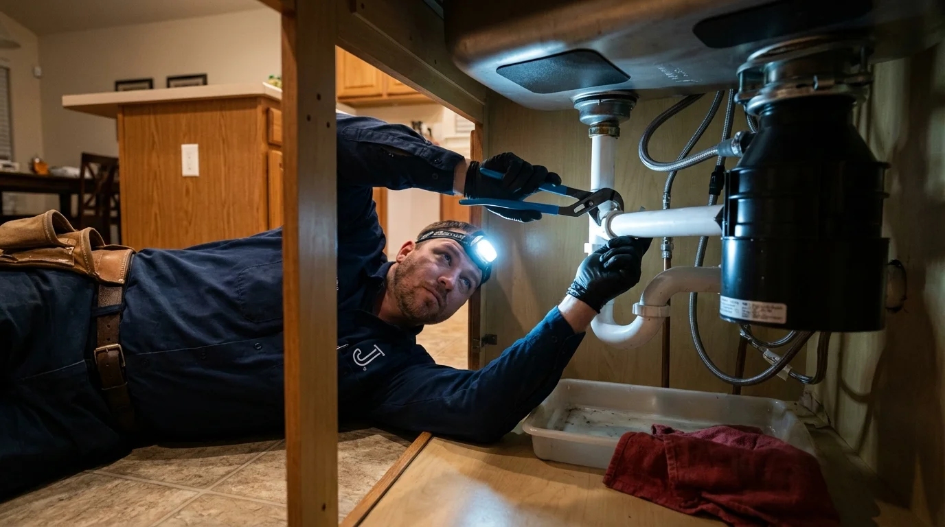 P-trap and supply line connections under a kitchen sink showing a common leak point in Sarita, TX